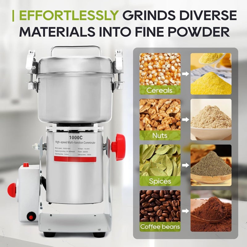 Besilo Electric Grain Mill Grinder 1000g High Speed ，304 Stainless Steel Flour Mill for Wheat, Corn, Coffee, Herbs and Spices Commercial Kitchen Electric Grain Powder Mills - Image 2